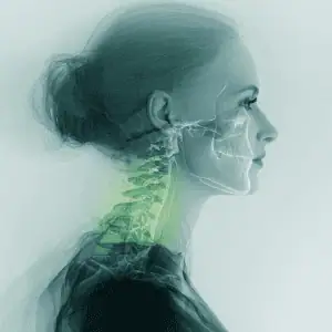 Ein Seitenprofil einer Frau mit hochgestecktem Haar, das teilweise transparent ist, um eine Röntgenansicht ihres Schädels und ihrer Halswirbelsäule zu zeigen, wobei die Knochen in ihrem Nacken und Kiefer hervorgehoben werden; das Bild hat einen kühlen, bläulich-grünen Farbton, um Dental Balance Control zu betonen.
